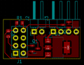 CAD-Zeichnung des PCBs. Auf den 2x4-Pinheader wird das ESP-01 Modul gesteckt. Der grosse SOT-223-IC ist der Spannungsregler, die kleinen SOT-23 die beiden MOSFET.